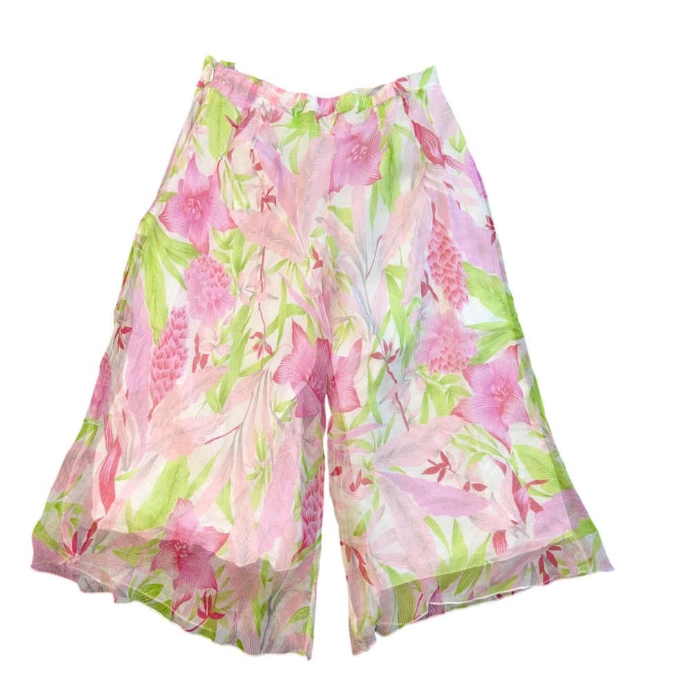 Jean Bourget Silk Floral Wide Leg Culotte Pants Pink Green French Womens XXS 8A